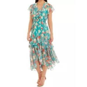 Fairy Whimsical Dress Taylor 8 Short Sleeve V-Neck Ruffle Floral Chiffon Tiered